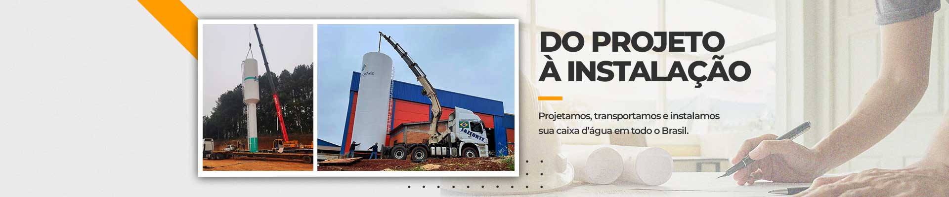 Faça seu orçamento com a Faz Forte! Fabricação de caixas d’água e reservatórios metálicos, tanques para combustíveis e bebedouros para gado Dois guindastes realizando a instalação de caixas d’água na cor branca da Faz Forte