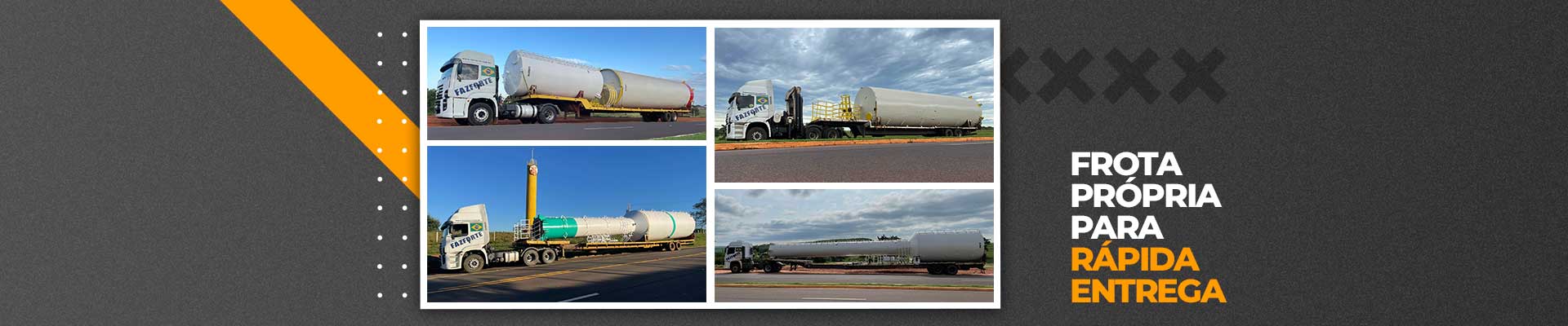  Quatro caminhões brancos transportando caixas d'água na cor branca da FazForte